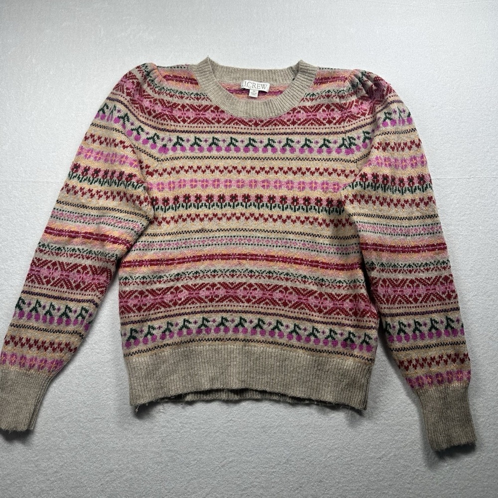 J.Crew Fair Isle Sweater XS Puff Sleeve Cherry Pink Dainty Coquette